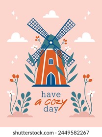 Village windmill, cottagecore arhitecture. Cute vector building in hand drawn flat style. Invitation, card, banner with short phrase, text.  House with plants, leaves, berries. 