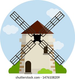 Village windmill. Production of flour from grain. Rural landscape. Natural food in the countryside. Cartoon flat illustration. Dutch mill