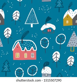 Village in the winter forest at night. Vector seamless pattern. Creative christmas background. Dark blue background.