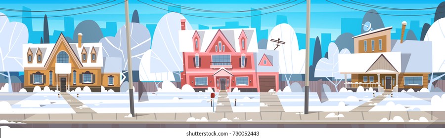 Village Winter Landscape House Building With Snow On Top City Or Town Suburb Street Flat Vector Illustration