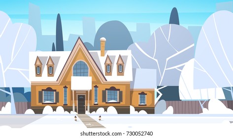 Village Winter Landscape House Building With Snow On Top City Or Town Suburb Street Flat Vector Illustration