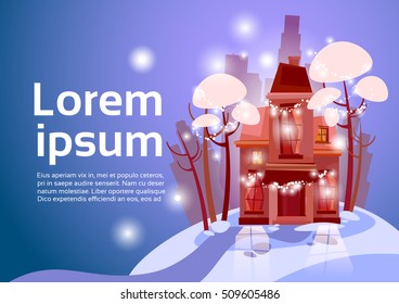 Village Winter Landscape House City Snow Banner With Copy Space Flat Vector Illustration