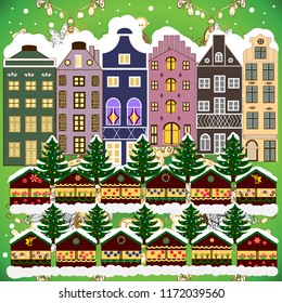 Village winter landscape with snow cove houses and christmas tree with Christmas presents. Vector illustration.