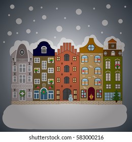 Village winter landscape with snow cove houses and christmas tree with Christmas presents.Vector illustration.