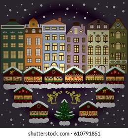 Village winter landscape with snow cove houses and christmas tree with Christmas presents.Vector illustration.