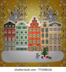 Village winter landscape with snow cove houses and christmas tree with Christmas presents. Vector illustration.