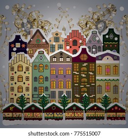 Village winter landscape with snow cove houses and christmas tree with Christmas presents. Vector illustration.