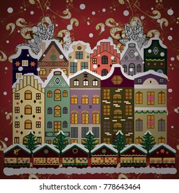 Village winter landscape with snow cove houses and christmas tree with Christmas presents. Vector illustration.