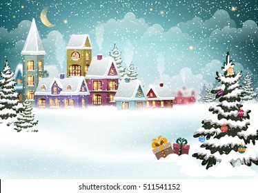 Village winter landscape with snow covered houses and  christmas tree with Christmas presents.