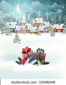 Village winter landscape with snow covered houses and  christmas tree with Christmas presents.