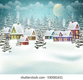 Village winter landscape with snow covered houses and  christmas tree with decorations