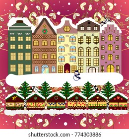 Village winter landscape with snow houses and christmas tree with Christmas presents. Vector illustration.