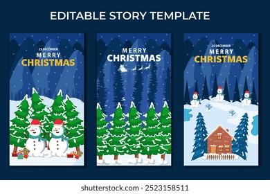 village in winter in the night with mountain view and snow in stories collection for christmas editable templaten greeting card stories template, portrait christmas background
