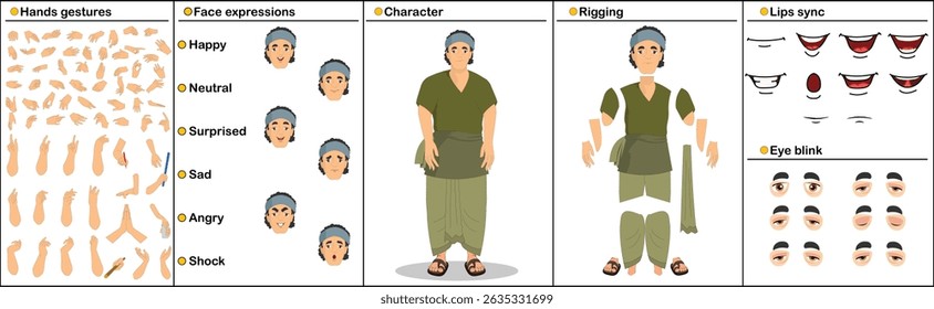 Village Woman Cartoon Character Kit – Traditional Female Vector with Cultural Outfit and Editable Facial Elements