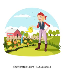 Village woman holding water can, female farmer watering flowers in garden or yard with fence. Village with house or building and trees, farmland girl in kerchief or bandana. Rural worker, people theme