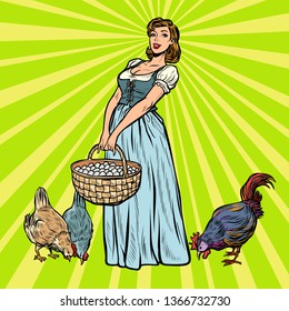 village woman on a farm with chicken and eggs. Pop art retro vector illustration vintage kitsch 50s 60s