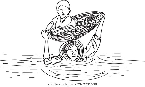 Village Women Crossing Stream: One-Line Outline Sketch, Motherly Love: Outline Drawing of Women Saving Son in Flood, Mother's Protection