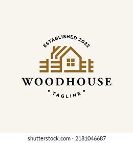 Village Wooden House With Fence, Country Home Ranch Or Farm In Simple Iconic Line Style Design Vector