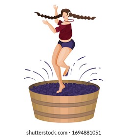 Village young woman is crushing grapes with her feet while dancing in wooden vat. Feast of harvest of grapes. Craft traditional wine making. Flat cartoon vector illustration. Isolated object on white