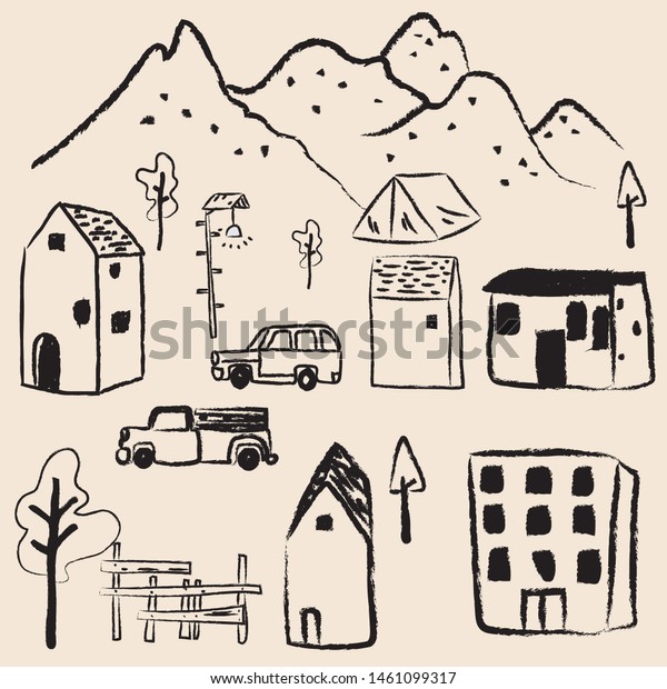Village,house,camping and cars drawing  under\
the\
mountain