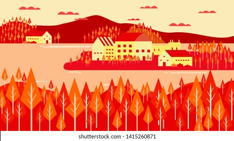 village,lake,and pine forest flat landscape