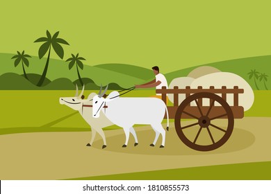 A villager transports goods in a bullock cart in rural India