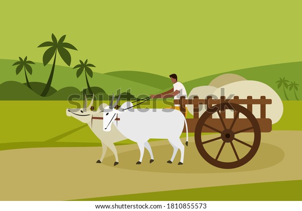 インドの田舎の牛車で 村人が荷物を運ぶ のベクター画像素材 ロイヤリティフリー