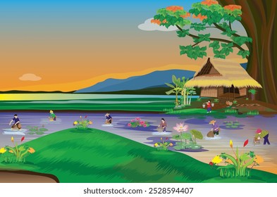 Villagers are fishing in the pond.vector design