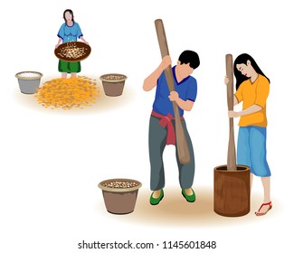 The villagers pounded rice with a big hull. cartoon shape vector design