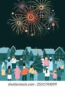 Villagers watching fireworks in the night sky. Festive fireworks in winter season. Flat vector illustration.