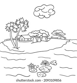 Villages, fields, rivers, water lilies, trees, bridges and clouds Vector for kids coloring book black and white Illustration