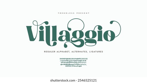 Villagio: Timeless serif font featuring uppercase, lowercase, ligatures, alternates, ampersands, and numbers. Perfect for minimal and elegant designs, blending romance and sophistication.