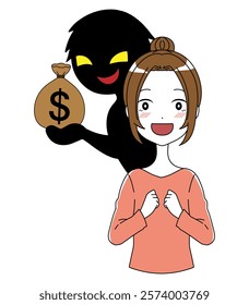 A villain with money and a smiling woman being deceived