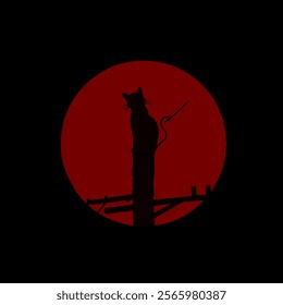 Villain samurai cat vector design, carrying katana, with red and black color that looks scary.