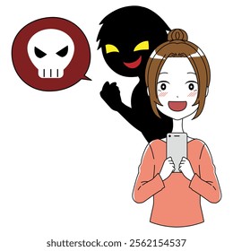 A villain telling a dangerous story and a smiling woman holding a smartphone