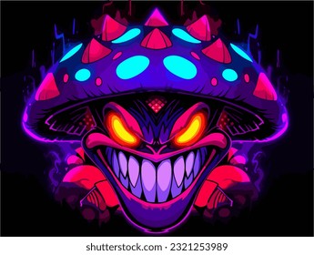 a villainous mushroom creature with glistening eyes and a demonic grin