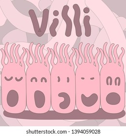 Villi celiac disease. cute villi and villous atrophy. small bowel showing coeliac disease manifested by blunting of vill. cartoon happy intestinal cell mascot smiling vector