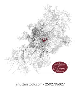 Vilnius capital city of Lithuania,Urban Streets Roads Map with city center location pin, illustration vector element image 