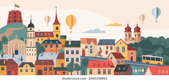 Vilnius Capital of Lithuania skyline with Gediminas castle tower, Old town, hot air balloons and other landmarks and symbols. Europe Old town street landscape.  Horizontal design for flyer or poster