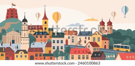 Vilnius Capital of Lithuania skyline with Gediminas castle tower, Old town, hot air balloons and other landmarks and symbols. Europe Old town street landscape.  Horizontal design for flyer or poster