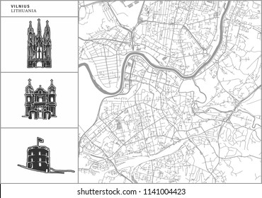 Vilnius city map with hand-drawn architecture icons. All drawigns, map and background separated for easy color change. Easy repositioning in vector version.