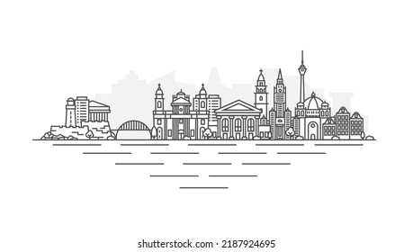 Vilnius, Lithuania architecture line skyline illustration. Linear vector Kiev cityscape with famous landmarks, city sights, design icons. Landscape with editable strokes.