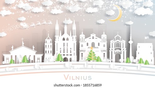 Vilnius Lithuania City Skyline in Paper Cut Style with Snowflakes, Moon and Neon Garland. Vector Illustration. Christmas and New Year Concept. Santa Claus on Sleigh.
