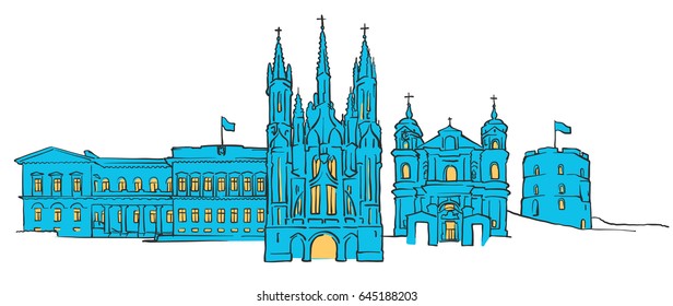 Vilnius Lithuania Colored Panorama, Filled with Blue Shape and Yellow Highlights. Scalable Urban Cityscape Vector Illustration 
