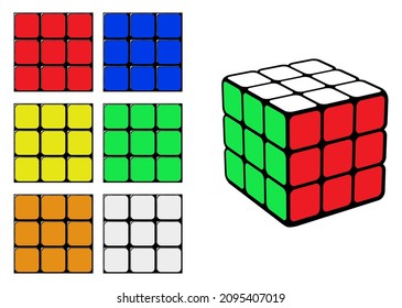 Vilnius, Lithuania - December 23, 2021. Vector illustration of the classic Rubik's Cube on white background. Rubik's Cube is a 3D puzzle invented by Hungarian sculptor and professor Erno Rubik.