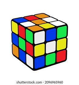 Vilnius, Lithuania - December 27, 2021. Vector illustration of the classic Rubik's Cube on white background. Rubik's Cube is a 3D puzzle invented by Hungarian sculptor and professor Erno Rubik.