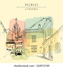 Vilnius, Lithuania, Europe. Saint John's Catholic church. Belfry. View from a residential courtyard in old town. Travel sketch. Touristic postcard, poster, calendar page template with hand lettering