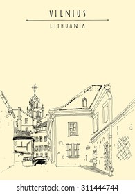 Vilnius, Lithuania, Europe. Saint John's Catholic church. Belfry. View from a residential courtyard in old town. Travel sketch. Touristic postcard, poster, calendar page template with hand lettering