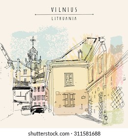 Vilnius, Lithuania, Europe. Saint John's Catholic church. Belfry. View from a residential courtyard in old town. Travel sketch. Touristic postcard, poster, calendar page template with hand lettering