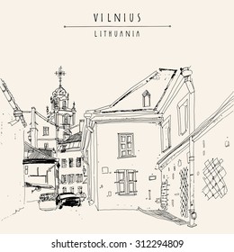 Vilnius, Lithuania, Europe. Saint John's Catholic church. Belfry. View from a residential courtyard in old town. Travel sketch. Touristic postcard, poster, calendar page template with hand lettering